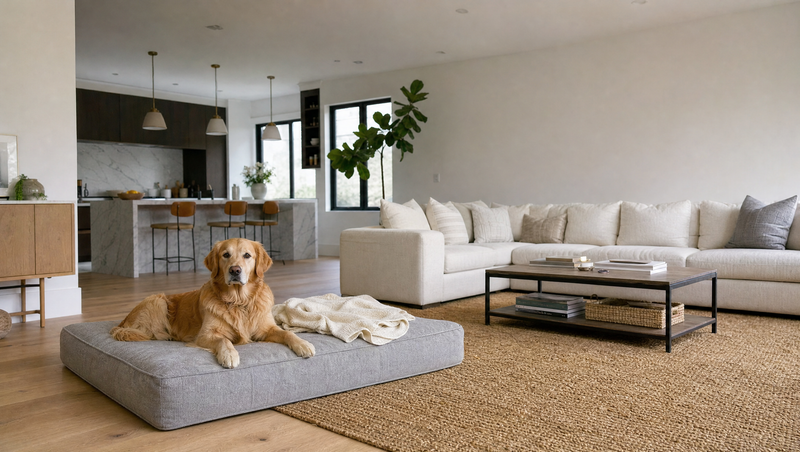 A golden retriever resting with its head up on a large grey cushion dog bed in a bright open living room