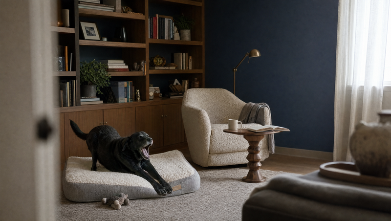 A black Labrador stretching and yawning on a cushion dog bed in a library living room