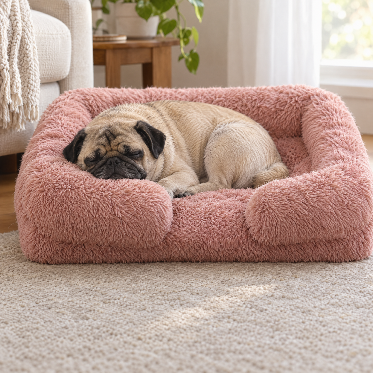 A pug asleep in a pink sofa-style dog bed with raised sides