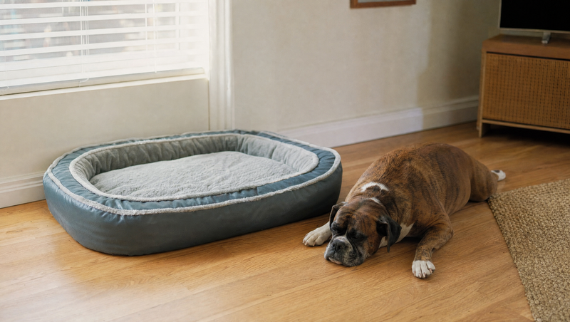 A boxer dog lying on the hardwood floor beside a blue-grey oval dog bed