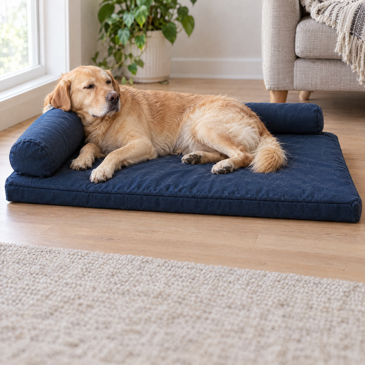 A golden retriever resting on a navy flat dog bed with a rolled bolster