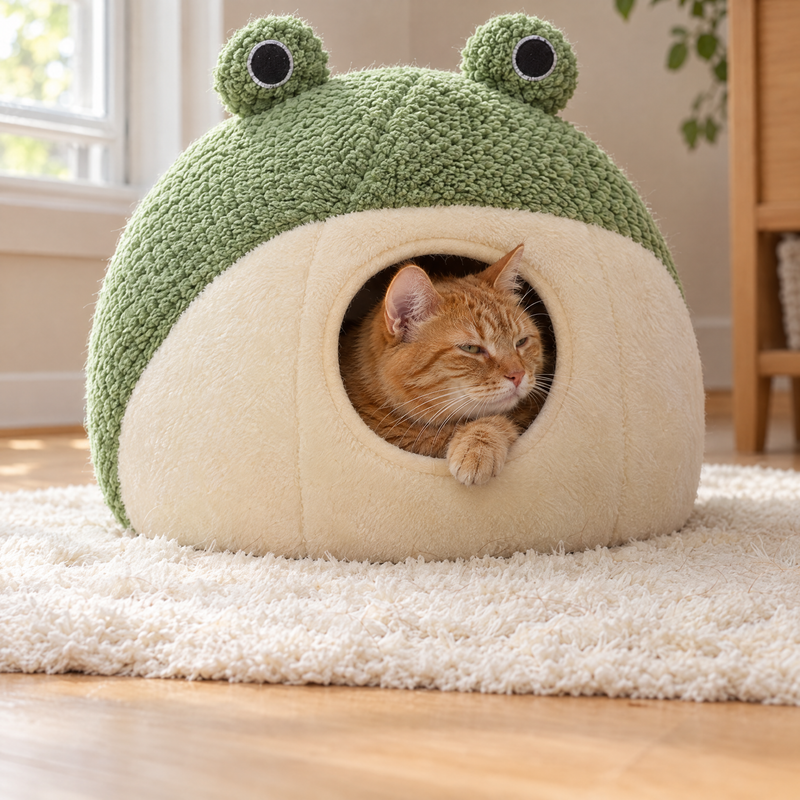 An orange tabby cat resting in a round green and cream cave bed on a fluffy rug