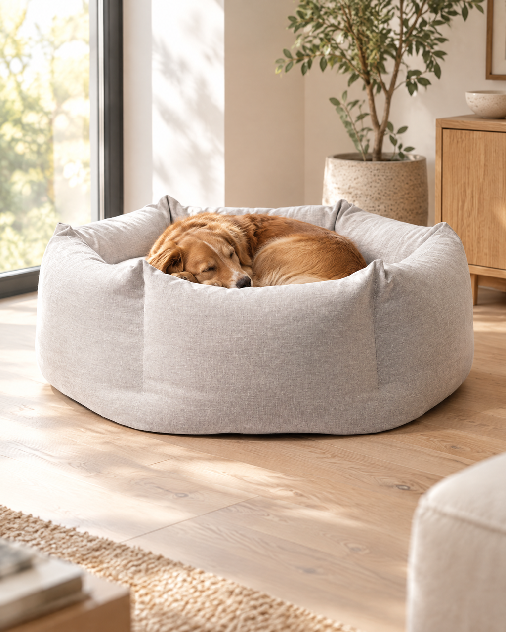 Round Padded Dog Bed with Seat Cushion in a bright living room