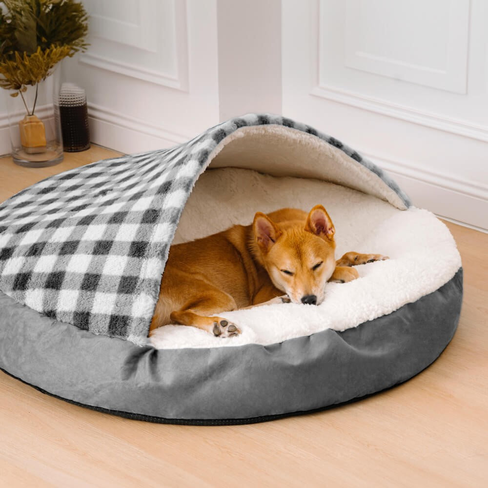 Hooded Dog Cave Bed in use