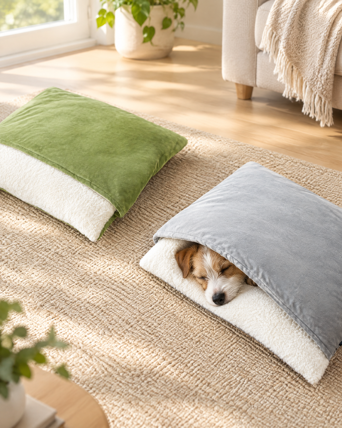 Plush-Lined Dog Sleeping Bag in a bright living room