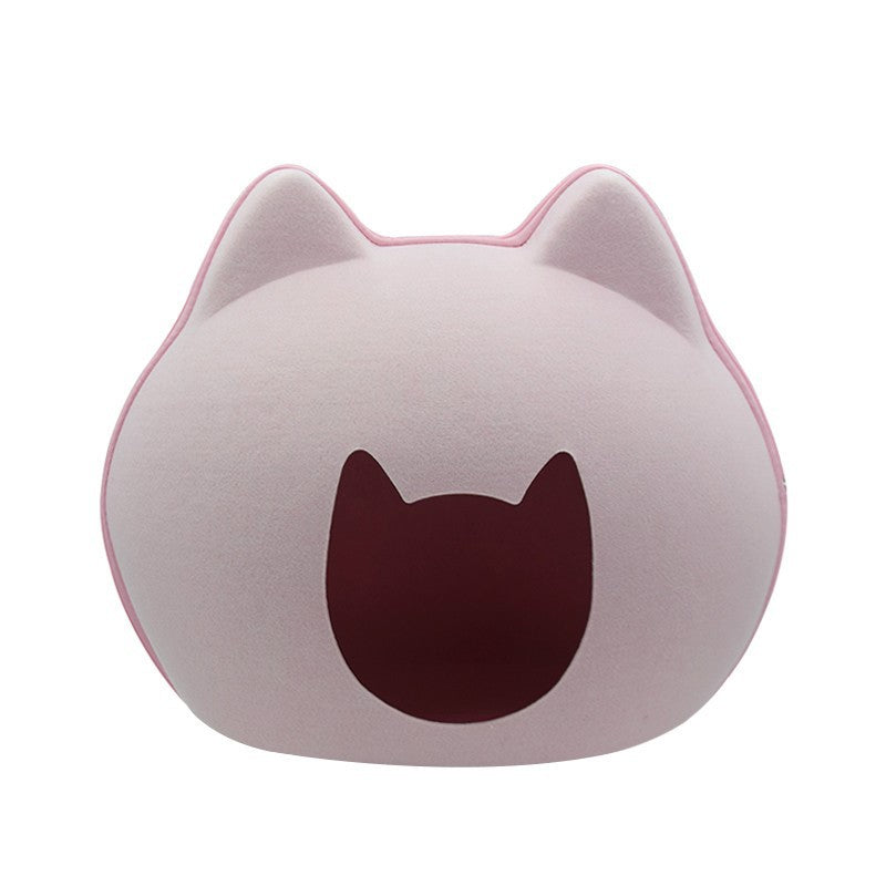 Caverne en feutre pour chat, forme tête de chat, rose poudré
