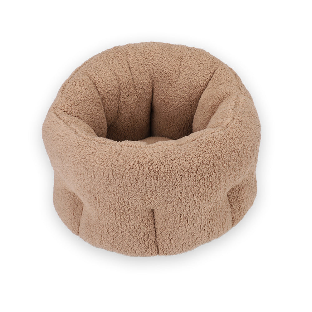 Round Plush Cat Bed with Tall Rim in Light brown