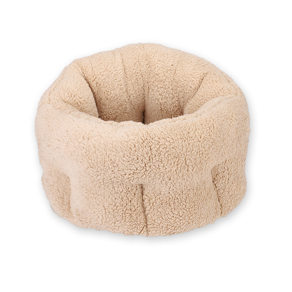 Round Plush Cat Bed with Tall Rim in Cream