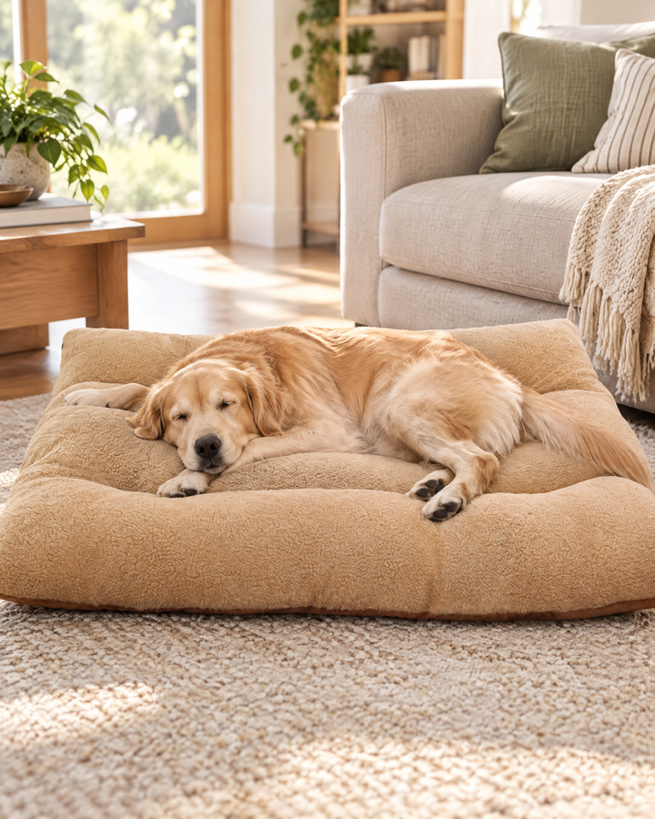 Washable Flat Dog Bed in a bright living room