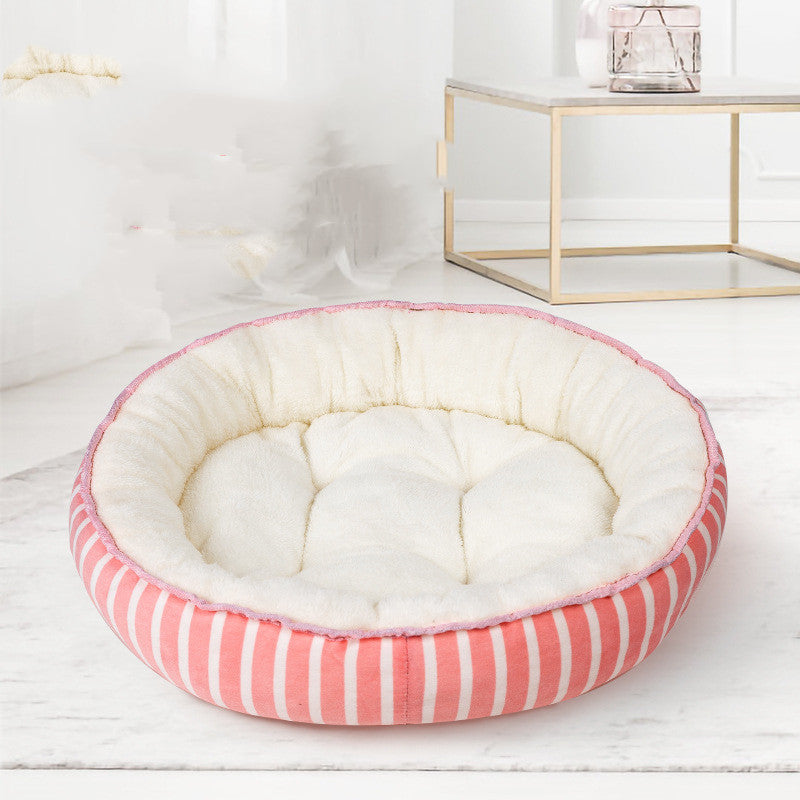 Oval Dog Bed with Bolster Rim in Pink stripes