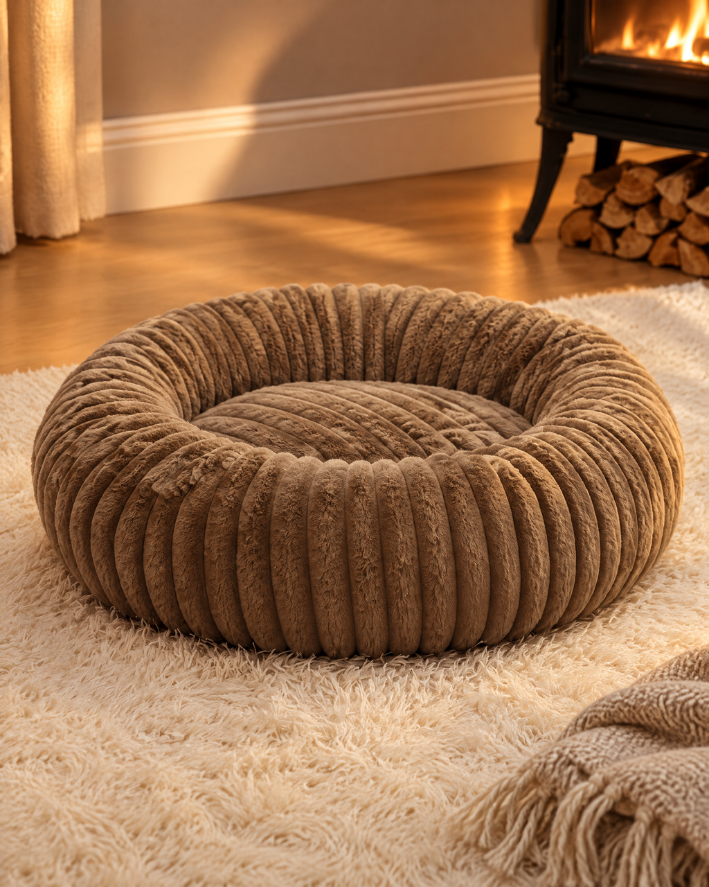 Ribbed Plush Donut Dog Bed in a bright living room