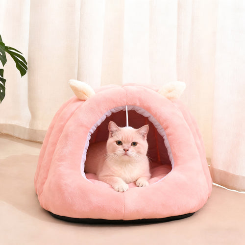 Cat Cave Bed with Ears in use