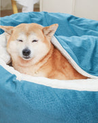Round Hooded Burrow Dog Bed in use