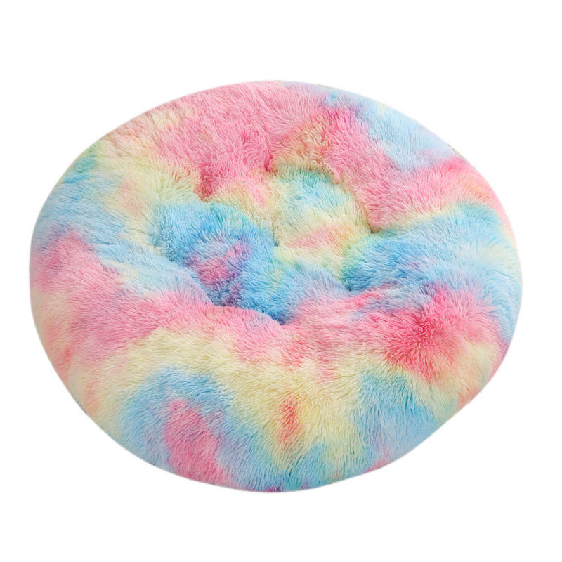 Shaggy Plush Donut Dog Bed in Pastel rainbow