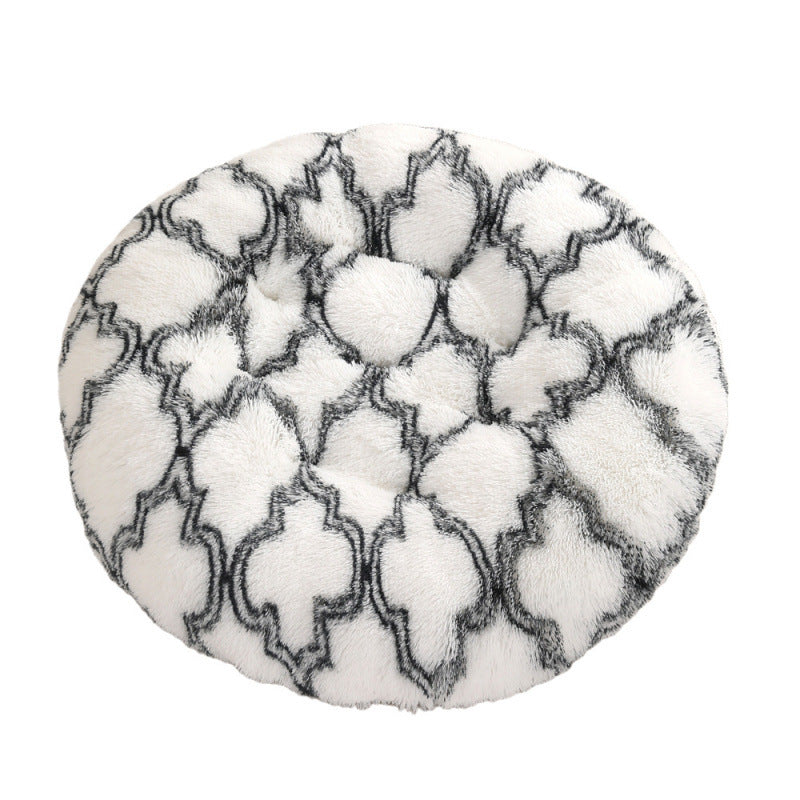 Shaggy Plush Donut Dog Bed in White with black pattern