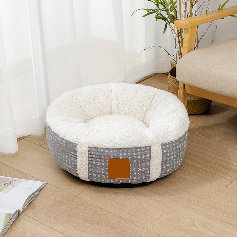 Plush Donut Dog Bed with Patterned Fabric Sides in Light grey