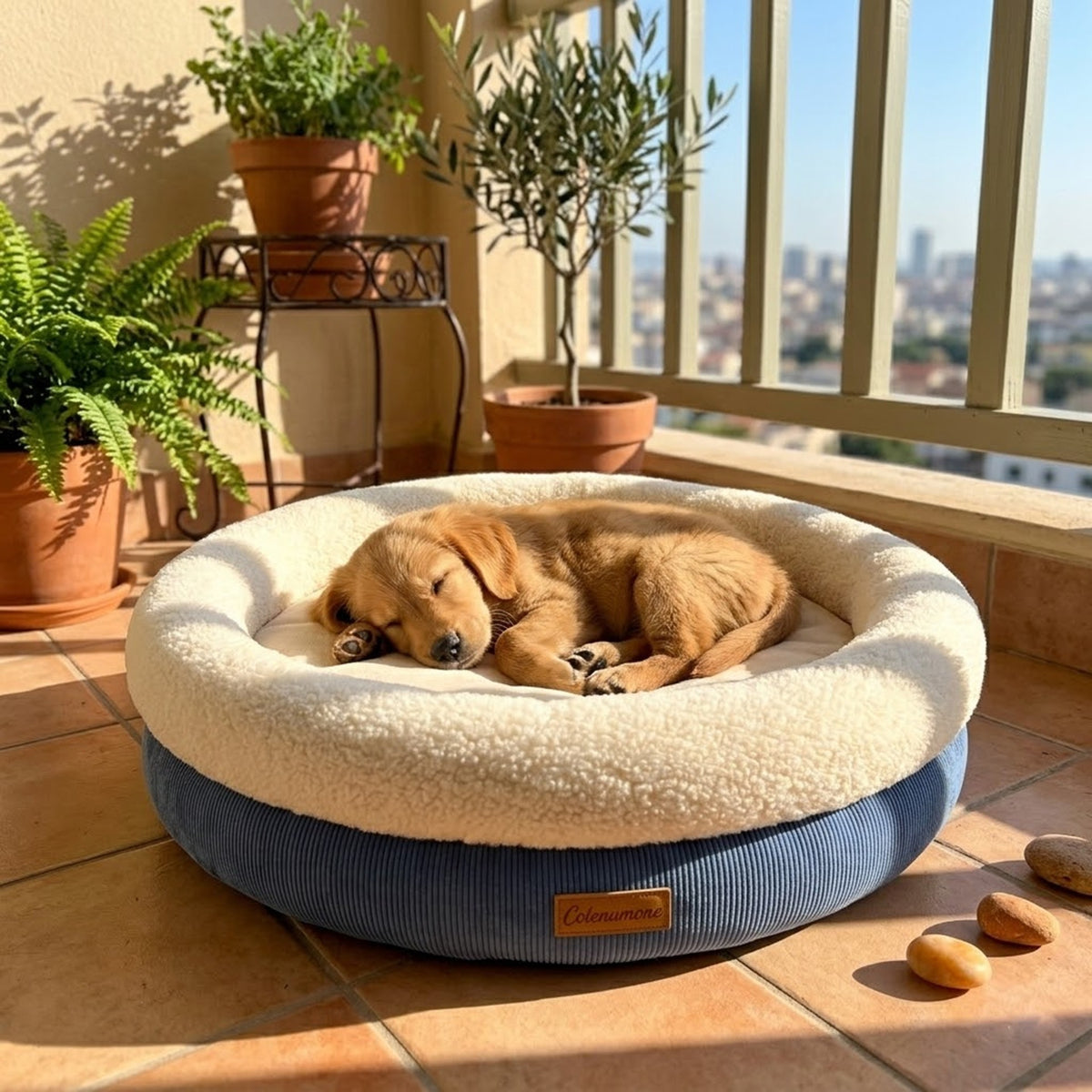Round Dog Bed with Sherpa Rim, photo 1