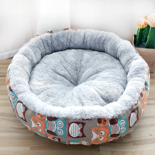 Cartoon-Print Donut Dog Bed in Taupe with Owls