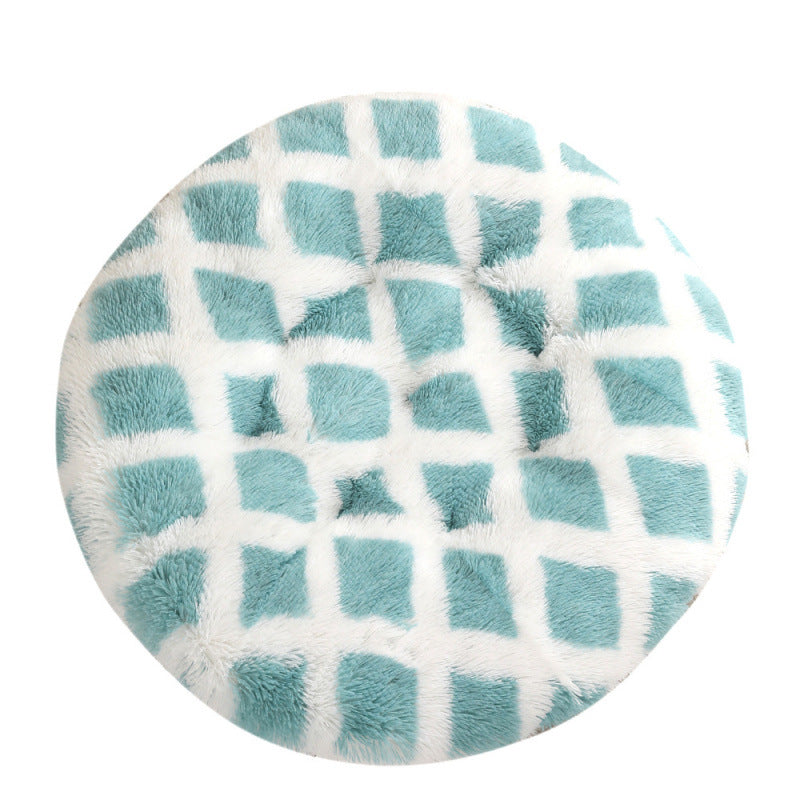 Shaggy Plush Donut Dog Bed in White with teal pattern