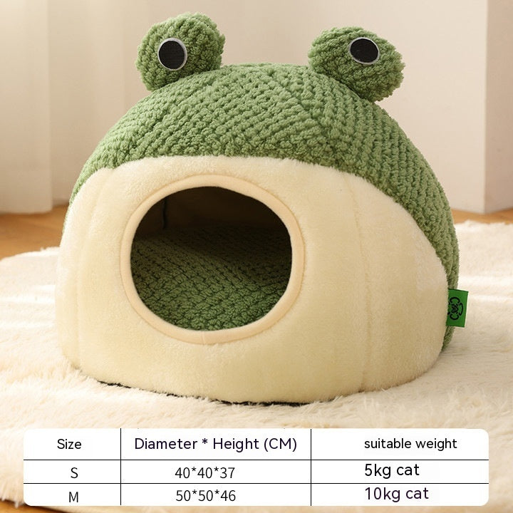 Cat Cave Bed in Green Frog Shape, Round, Half Hood or Cave, size guide
