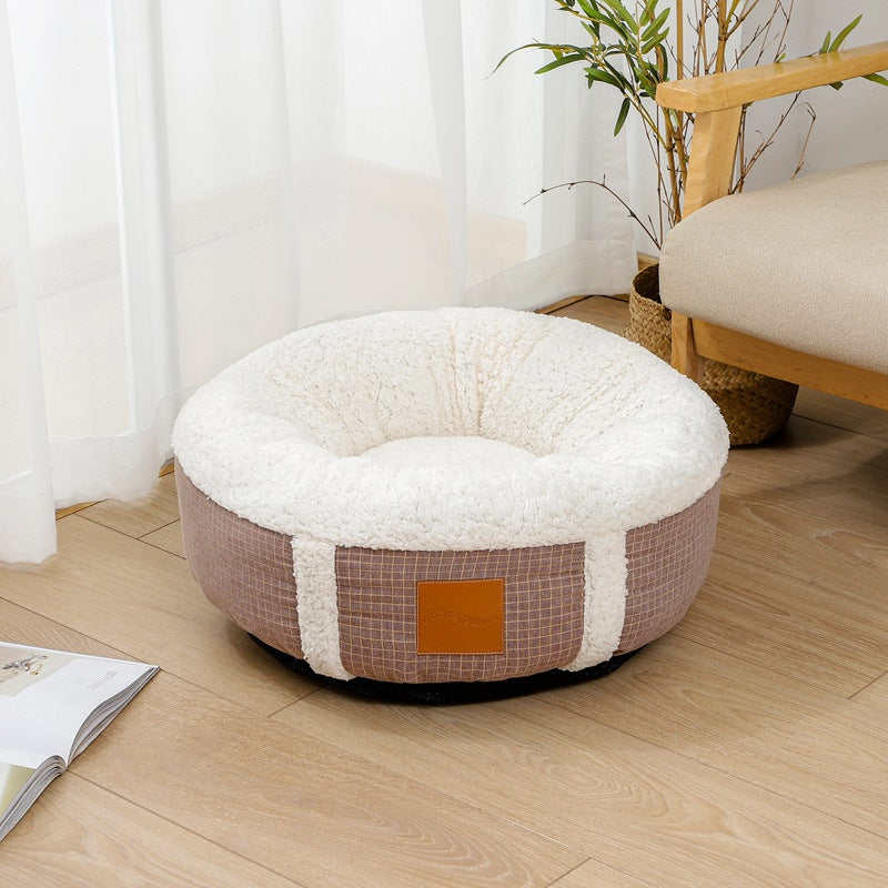 Plush Donut Dog Bed with Patterned Fabric Sides in Dusty rose