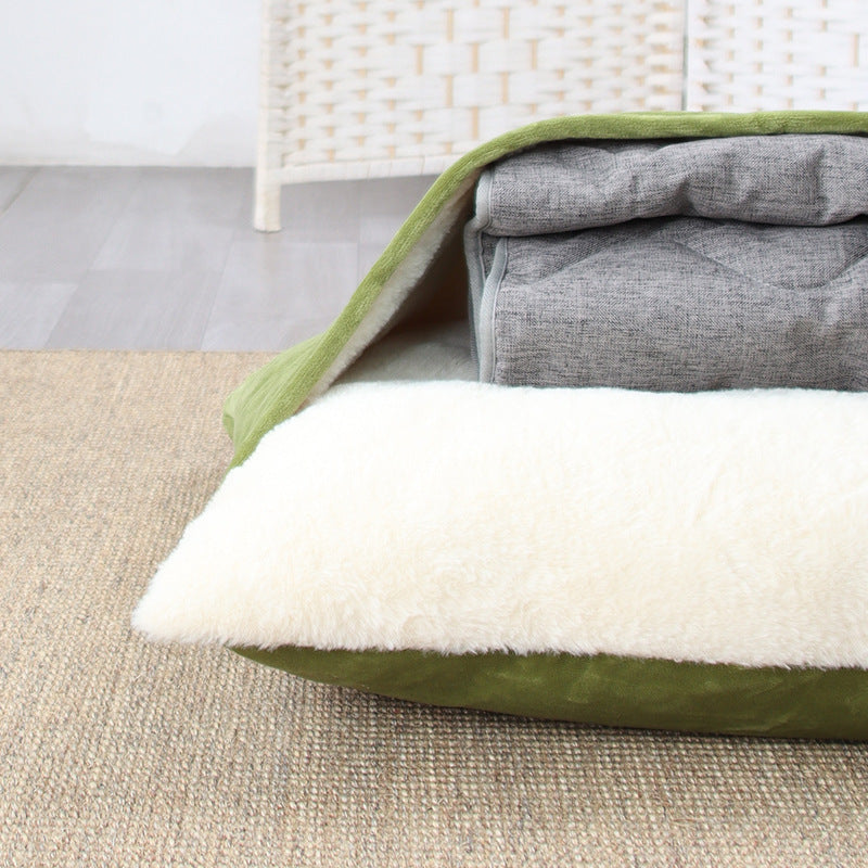 Dog Sleeping Bag Bed with Fabric Flap and Plush Lining, 4 Sizes, close-up of the fabric