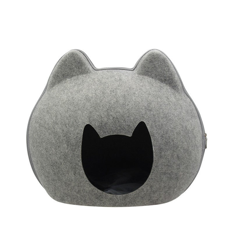 Caverne en feutre pour chat, forme tête de chat, gris chiné