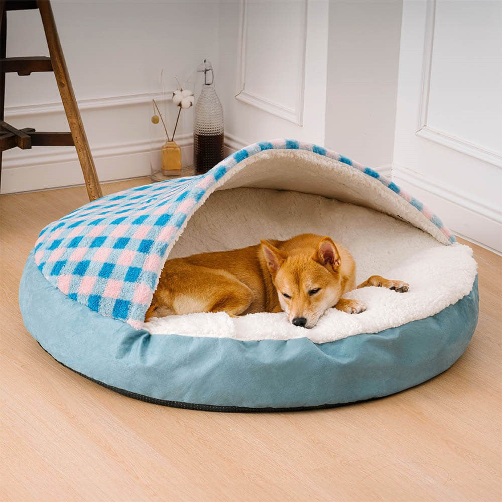 Hooded Dog Cave Bed in use