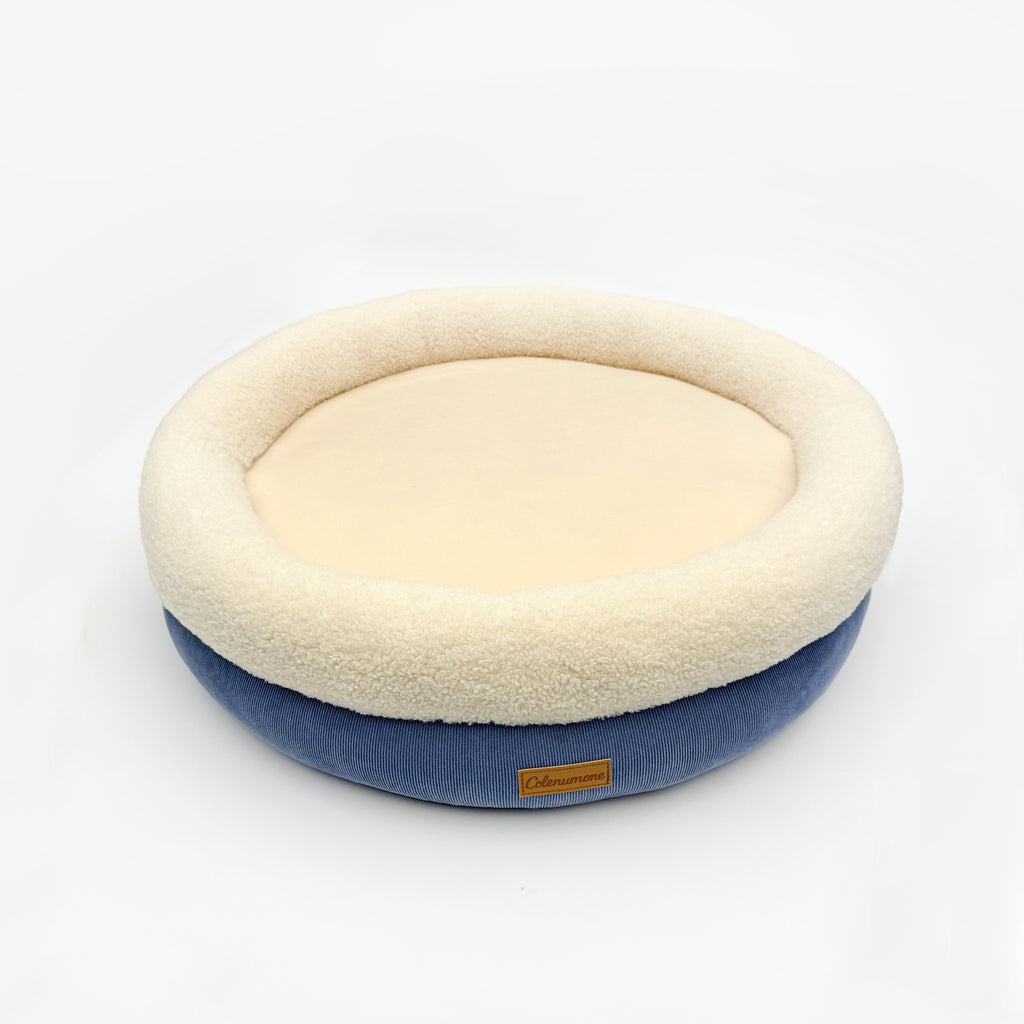 Round Dog Bed with Sherpa Rim in Slate blue