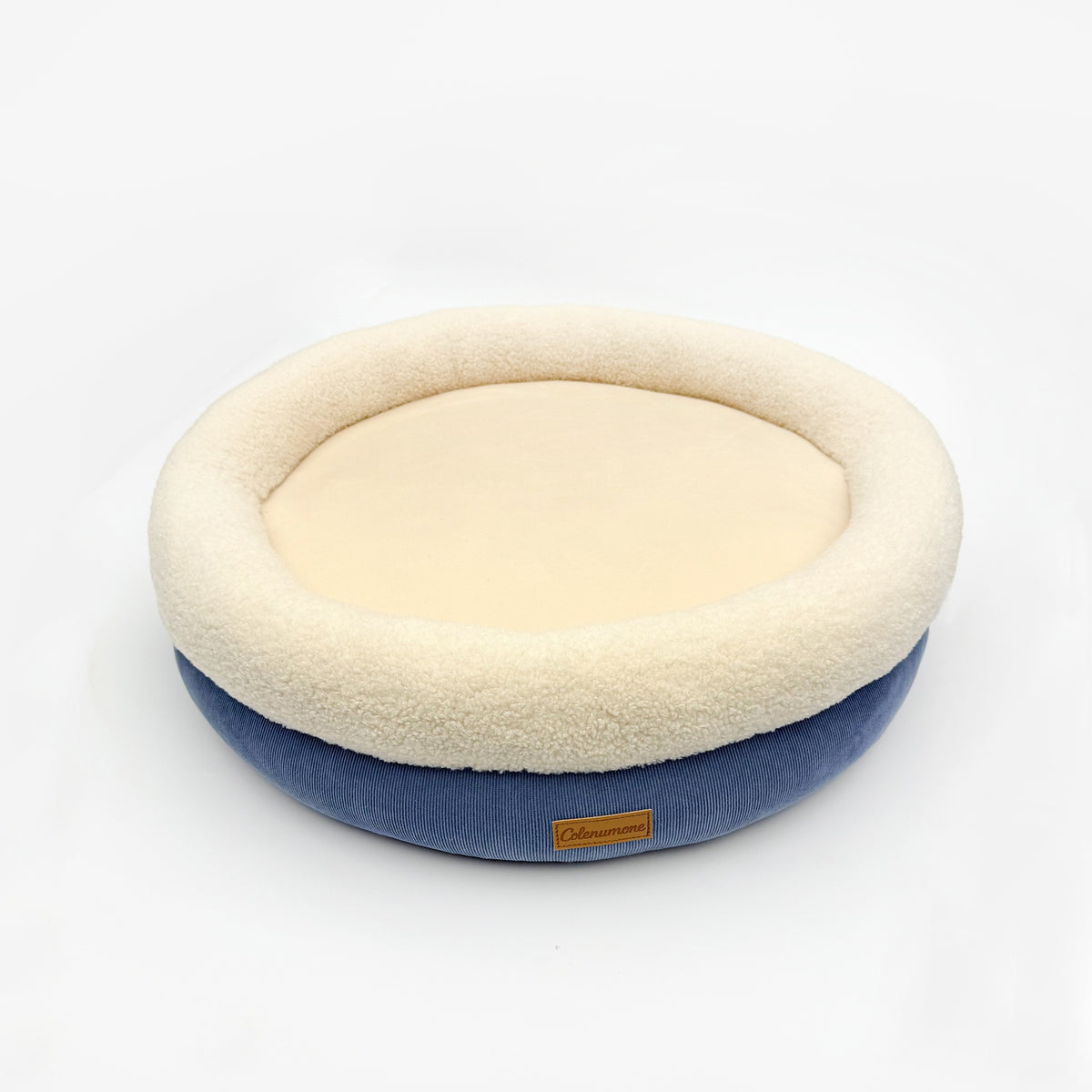 Round Dog Bed with Sherpa Rim in Slate blue