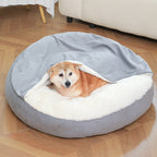 Round Hooded Burrow Dog Bed in use