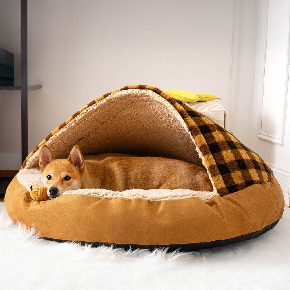 Hooded Dog Cave Bed in use