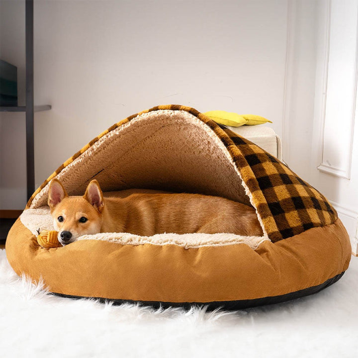 Hooded Dog Cave Bed in use