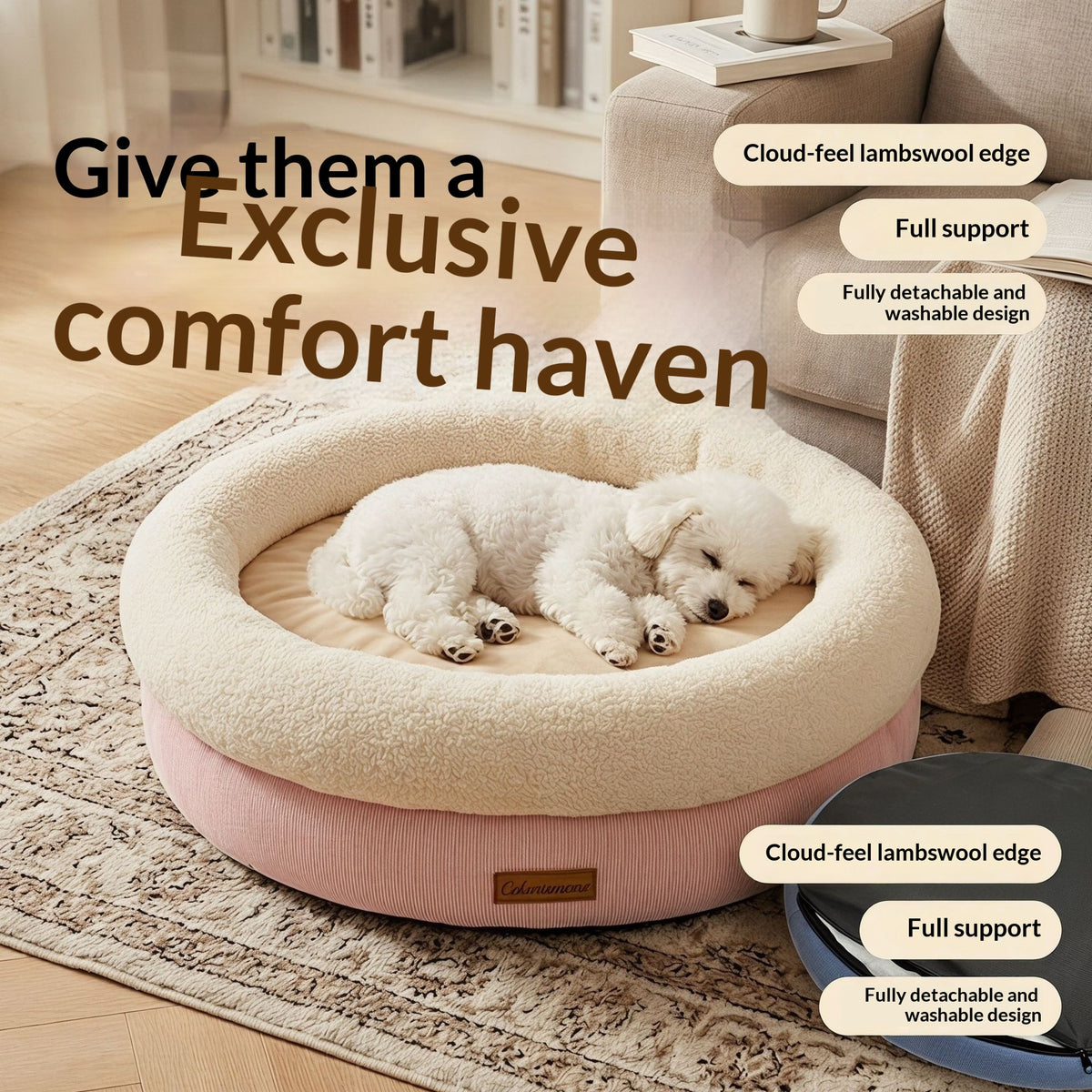 Round Dog Bed with Sherpa Rim, photo 9