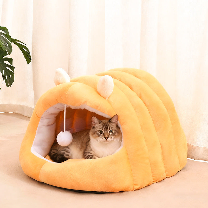 Cat Cave Bed with Ears in use