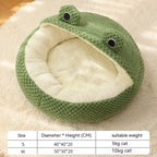 Cat Cave Bed in Green Frog Shape, Round, Half Hood or Cave, size guide