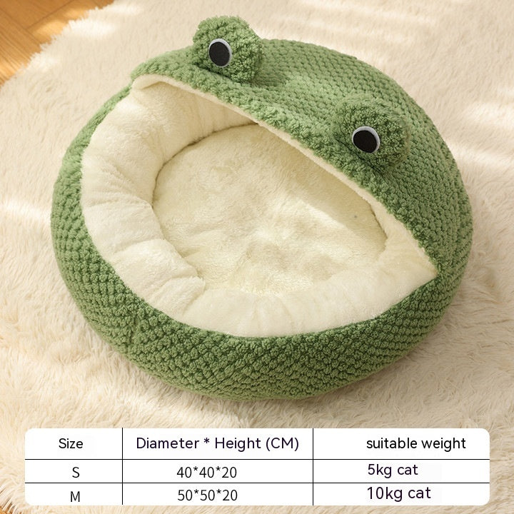 Cat Cave Bed in Green Frog Shape, Round, Half Hood or Cave, size guide