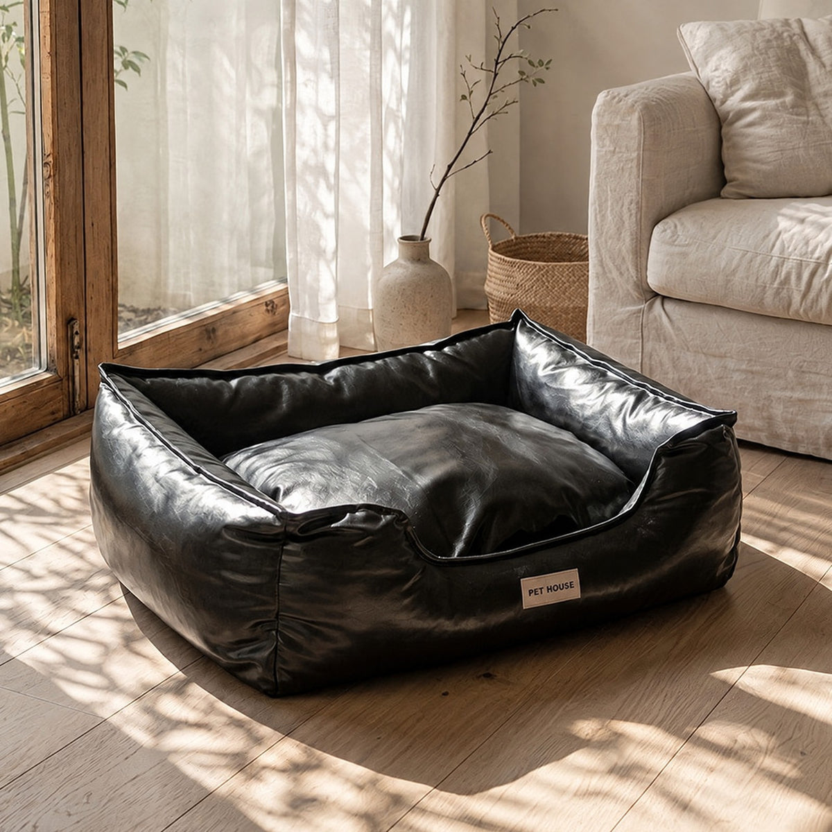 Leather-Look Bolster Dog Bed in Black