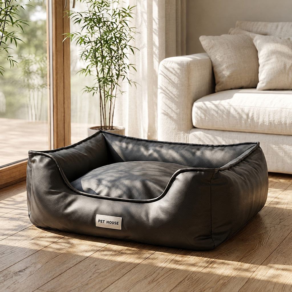 Leather-Look Bolster Dog Bed in Charcoal