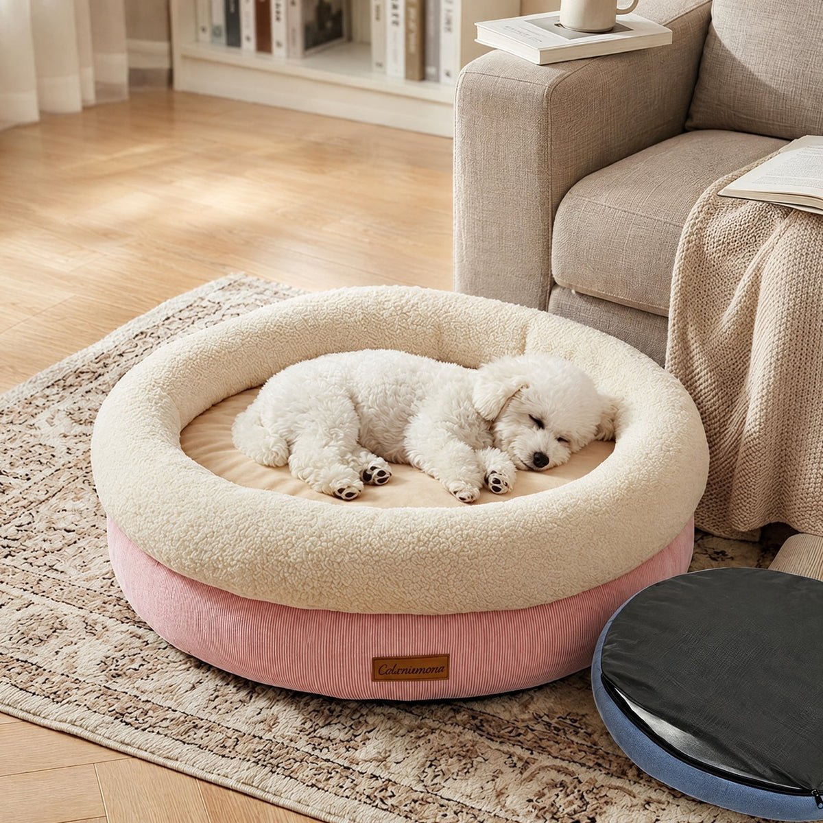 Round Dog Bed with Sherpa Rim, photo 2