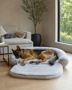 Giant Plush Fold-Out Dog Sofa Bed in a bright living room