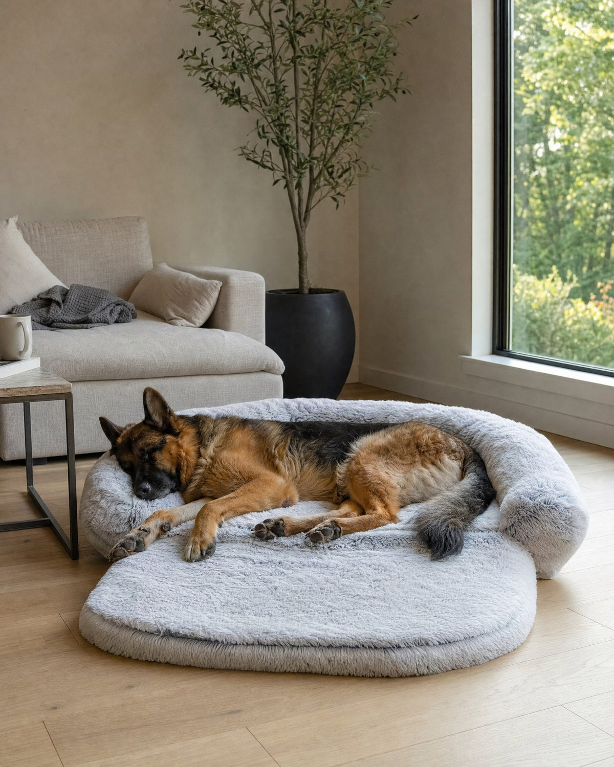 Giant Plush Fold-Out Dog Sofa Bed in a bright living room