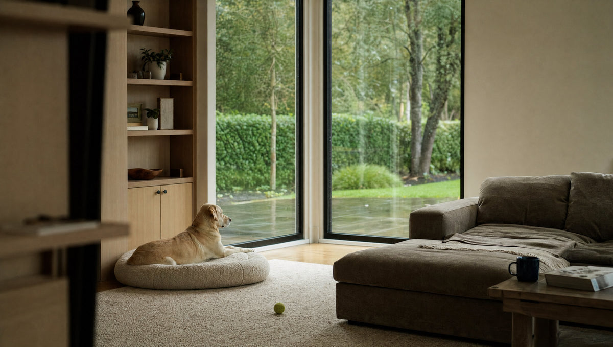 Labrador jaune couché sur son lit près d une grande fenêtre, dans un salon moderne