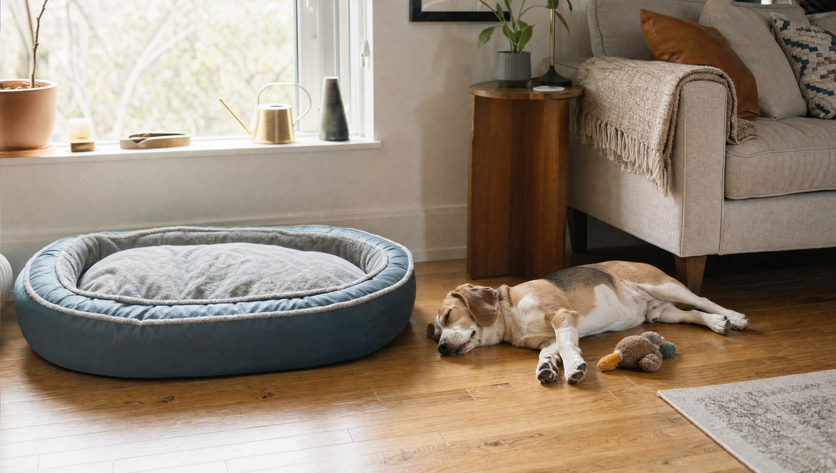A beagle asleep on the wooden floor next to its empty, untouched blue-grey dog bed