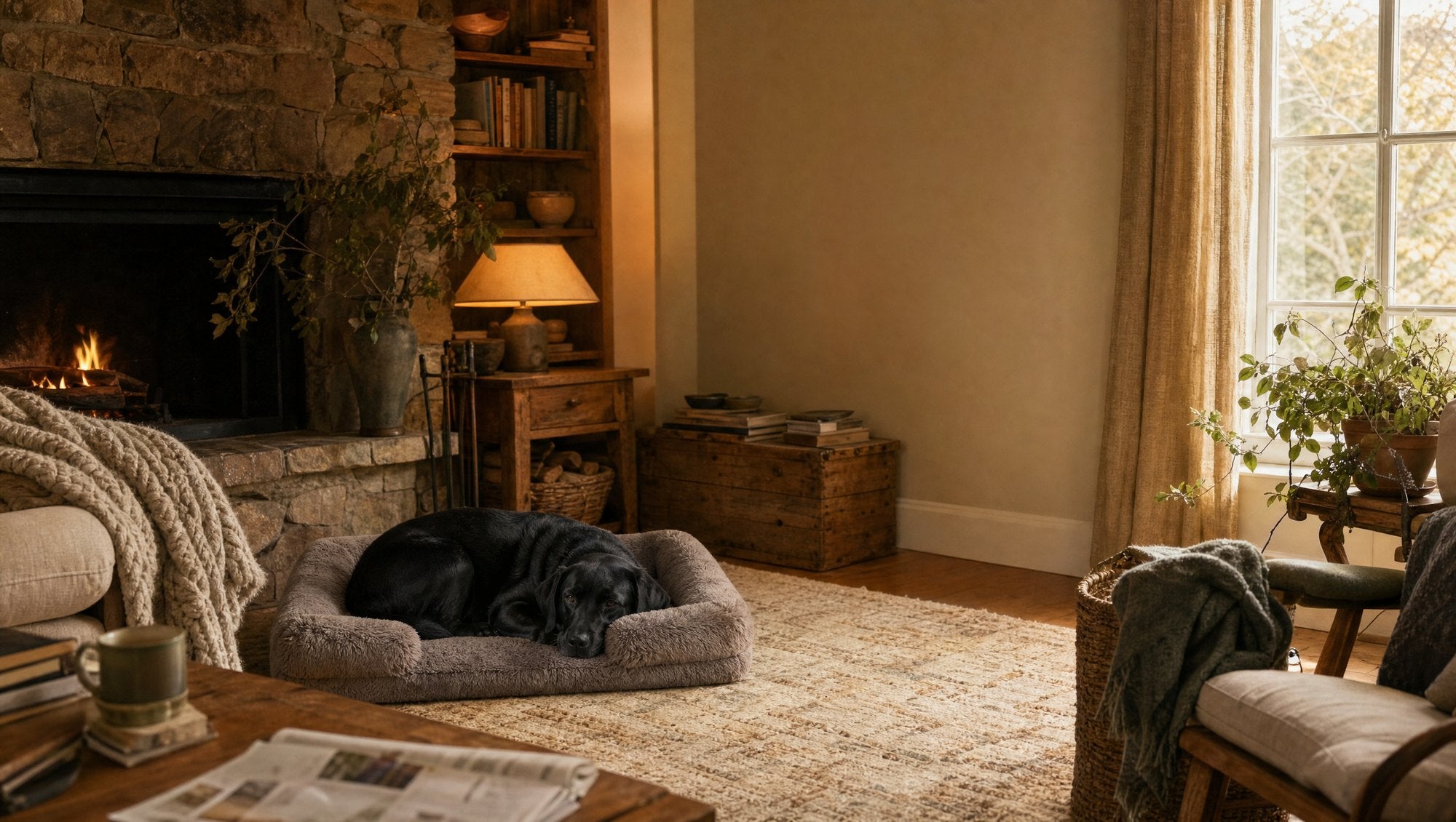 Black Labrador asleep on a plush bed in a cozy living room
